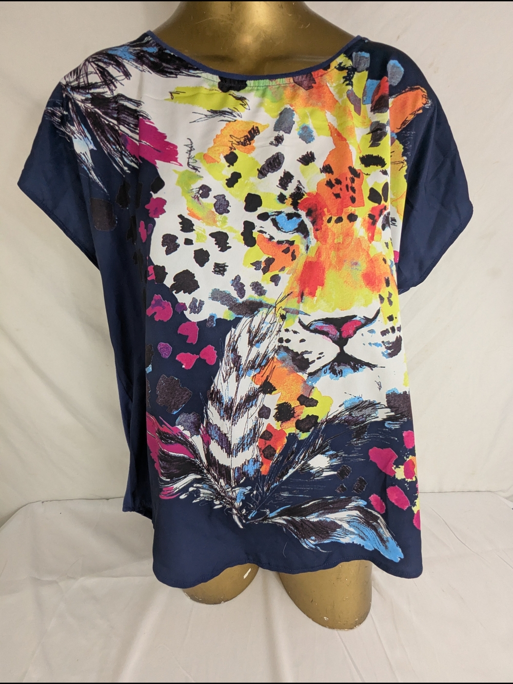 Rock & Republic Navy Blue Blouse With Colorful Neon Leopard Graphic Large